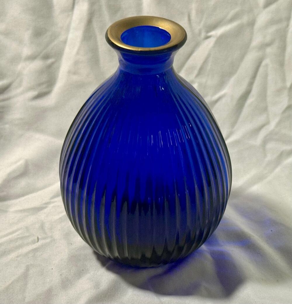 Vintage Cobalt Blue Ribbed Glass Vase | Gold Rim Art Deco Globe